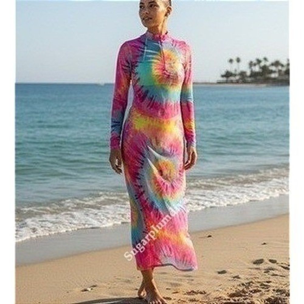 KToo Tie-Dye Pink Orange Mesh Swim Maxi Coverup‎ LARGE Hyperpop Vacation Beach